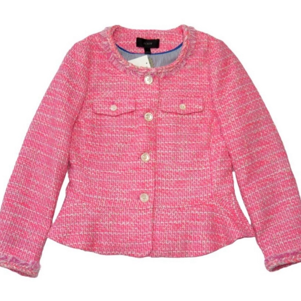 J Crew NWT neon pink multi tweed peplum blazer jacket boucle 14 fringe